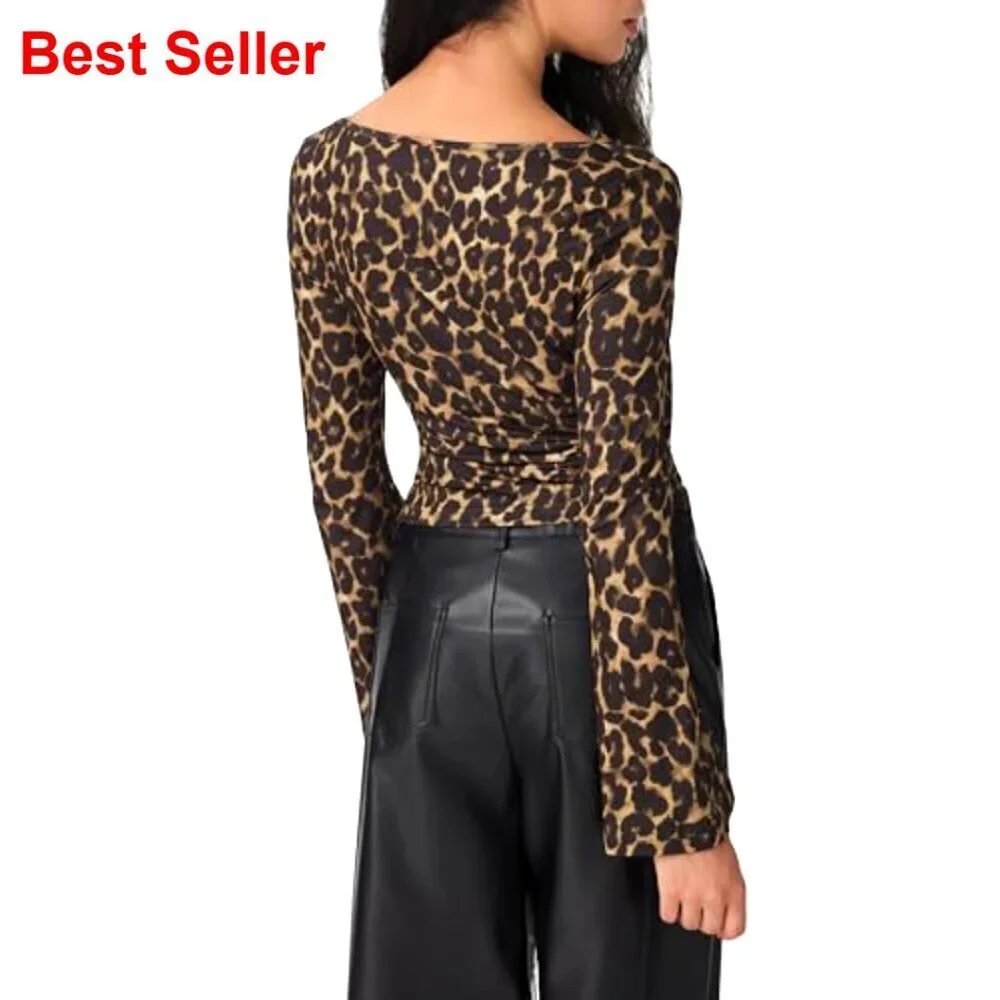 Leopard Print Long Sleeve Cowl Neck Asymmetrical Hem Slim Fit Top Women